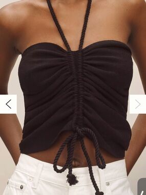 Anthropologie Medium M Black Ruched Halter Tie-Front Top drawcord halter tank